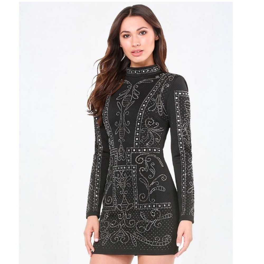 NWT -Bebe Black Synthetic Studded Jaquard Dress